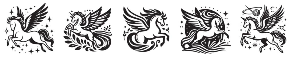 set of vector pegasus tattoo designs