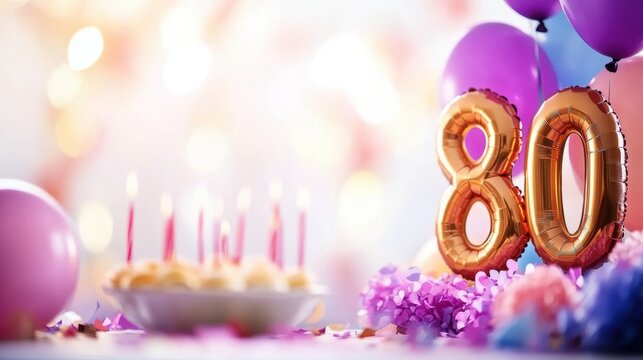 Celebration of a joyful 80th birthday with vibrant decorations and cake