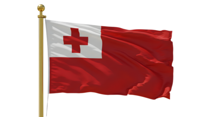 Flag of Tonga fluttering on flagpole with a white square and red cross symbol, national flag waving outdoors, perfect for cultural and international concepts