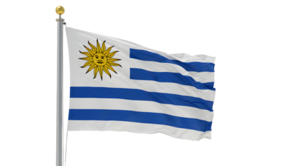 Flag of Uruguay waving on a flagpole with a transparent background, symbolizing national pride and identity