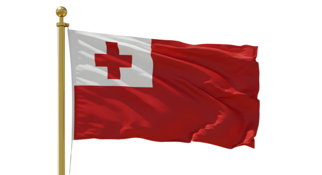 Flag of Tonga fluttering on flagpole with a white square and red cross symbol, national flag waving outdoors, perfect for cultural and international concepts