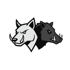 Obraz premium Vector illustration of two fierce wild boar heads as a mascot emblem. Black and white hog characters facing opposite directions symbolize duality and power.