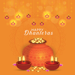 Happy Dhanteras poster template design with gold coin in pot and decorative diya lamp