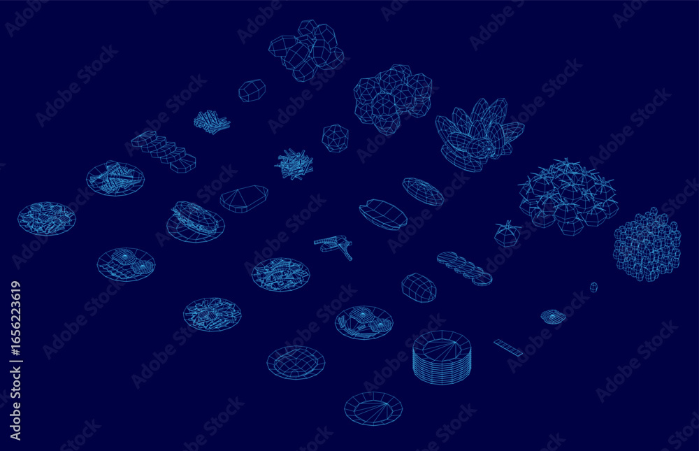 Poster a blue background features various restaurant props and assets arranged in a wireframe pattern. over