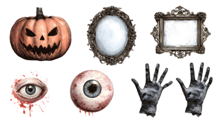 Halloween spooky props with carved pumpkin, creepy eyeballs, antique picture frames, and skeleton hands, perfect for Halloween decorations and haunted house themes
