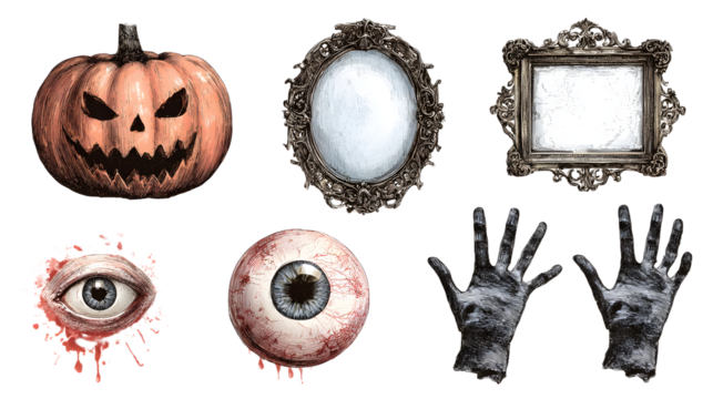 Halloween spooky props with carved pumpkin, creepy eyeballs, antique picture frames, and skeleton hands, perfect for Halloween decorations and haunted house themes - Powered by Adobe