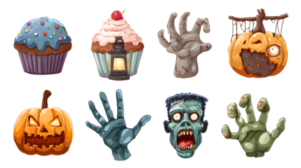 Halloween cupcakes and spooky monster hands with jack-o-lanterns collection, perfect for Halloween party decorations and themed events