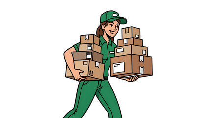 A friendly female delivery worker in a green uniform and cap carefully carrying a large, unstable stack of cardboard packages