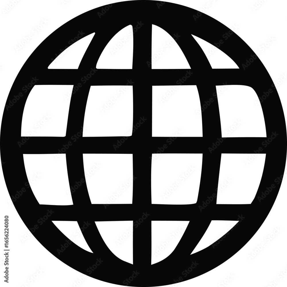 Poster Simple black and white globe icon representing global connection and worldwide communication through a stylized grid pattern