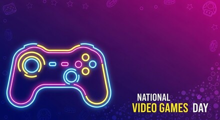 Celebrate National Video Games Day A vibrant neon gamepad graphic on a colorful backdrop
