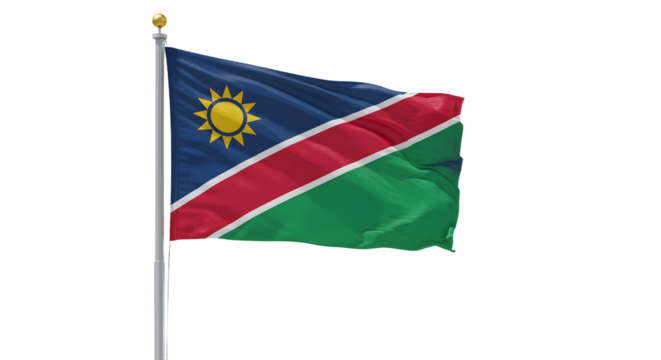 Namibia national flag waving on flagpole isolated on white background, symbol of independence and patriotism, perfect for cultural and political themes