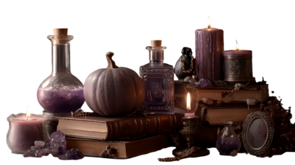 Purple Halloween still life with pumpkin, candles, old books, and glass potion bottles, perfect for autumn and spooky seasonal decorations