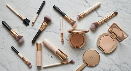 Professional makeup brushes and compacts beautifully arranged for beauty use