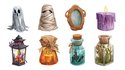 Set of Halloween icons with spooky ghost, mummy, haunted mirror, purple candle, lantern and potion bottles, perfect for Halloween projects and decorations