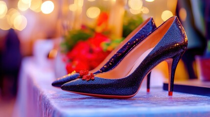 Elegant black high heels displayed at a vibrant night market event