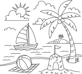 Hand Drawn Beach Scene Vector Palm Tree, Sailboat, Sandcastle, and Beach Ball Line Art for Kids Coloring Pages, Beach Coloring Page, Tropical Line Art, Summer Vacation Scene, Palm Tree Drawing
