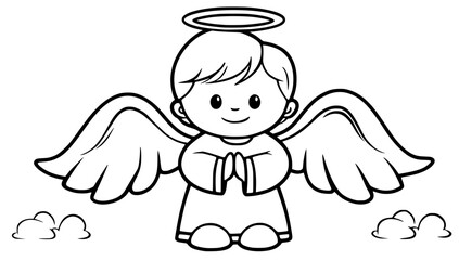 Fototapeta premium Cute angel illustration with a smiling child, hands clasped in prayer, wearing a halo and wings, surrounded by fluffy clouds, conveying a sense of peace and innocence