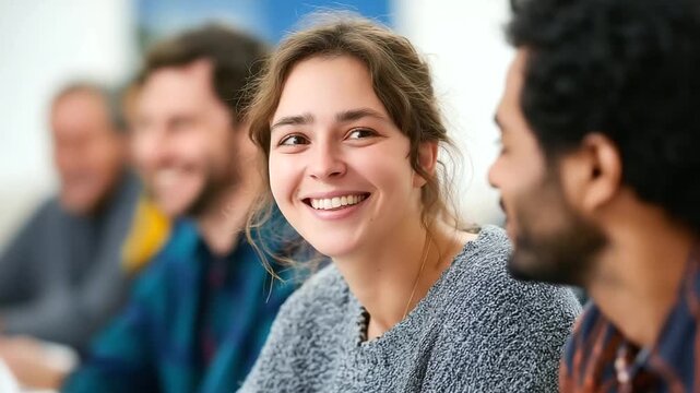 Classroom setting with adults actively participating in a dynamic language class working together in pairs representing lifelong learning, cultural exchange, communication skills, adult education