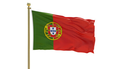 Fototapeta premium Portugal national flag waving on flagpole isolated on white background, symbol of Portuguese identity and patriotism
