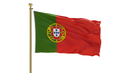 Portugal national flag waving on flagpole isolated on white background, symbol of Portuguese identity and patriotism