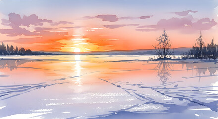 Winter Sunrise over Frozen Lake