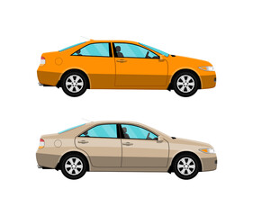 Two passenger cars in flat design. Concept of transportation, vehicle, and urban travel. Illustration for automotive graphic.