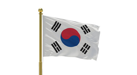 South Korean national flag waving on a gold flagpole isolated on white background, symbol of South Korea and Korean culture