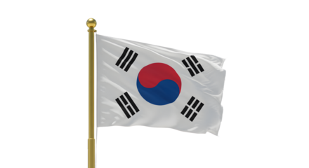 South Korean national flag waving on a gold flagpole isolated on white background, symbol of South Korea and Korean culture