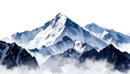 Majestic snow-capped mountain range with dramatic peaks and misty clouds in a beautiful landscape scene