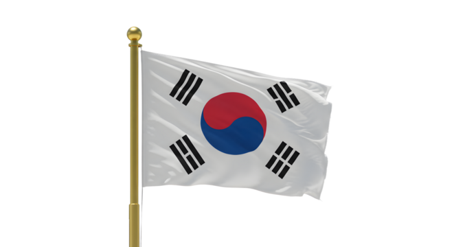 South Korean national flag waving on a gold flagpole isolated on white background, symbol of South Korea and Korean culture