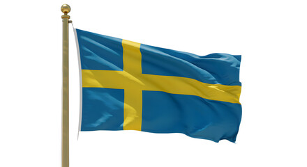 Swedish flag waving on flagpole against white background, symbol of Sweden and Scandinavian culture, perfect for travel and national holidays