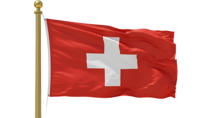 Swiss flag waving on flagpole with red background and white cross symbol, national emblem of Switzerland, perfect for patriotic and travel themes