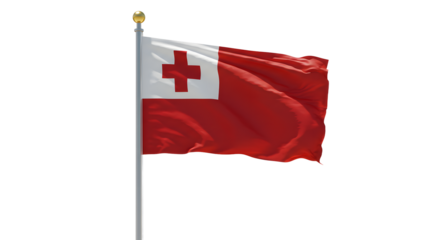 Tonga national flag waving on flagpole isolated on white background, symbol of Polynesian island country, perfect for cultural and international themes