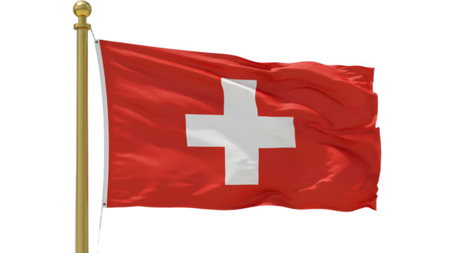 Swiss flag waving on flagpole with red background and white cross symbol, national emblem of Switzerland, perfect for patriotic and travel themes
