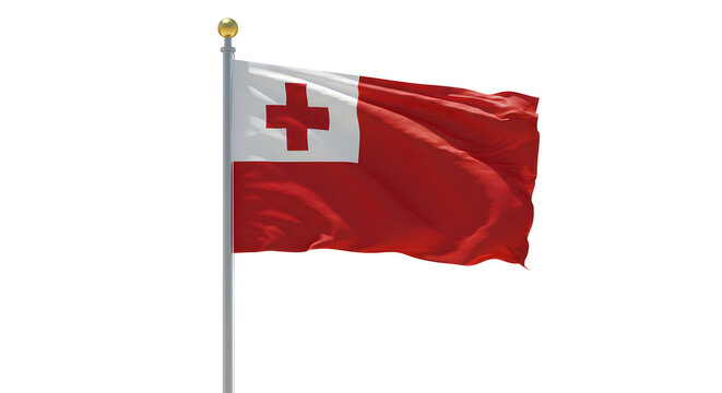 Tonga national flag waving on flagpole isolated on white background, symbol of Polynesian island country, perfect for cultural and international themes