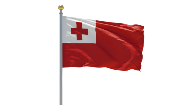Tonga national flag waving on flagpole isolated on white background, symbol of Polynesian island country, perfect for cultural and international themes