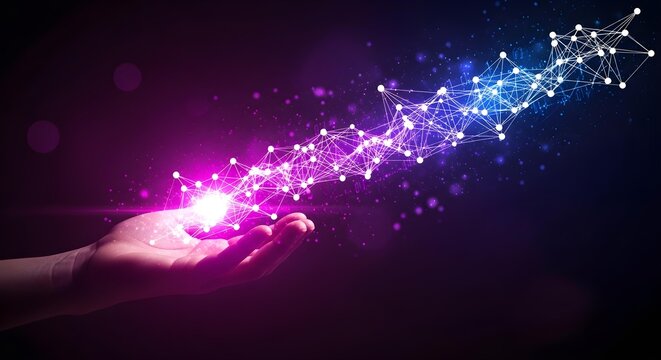 Holding the future of technology A hand presenting a glowing stream of interconnected data points and a digital network plexus.