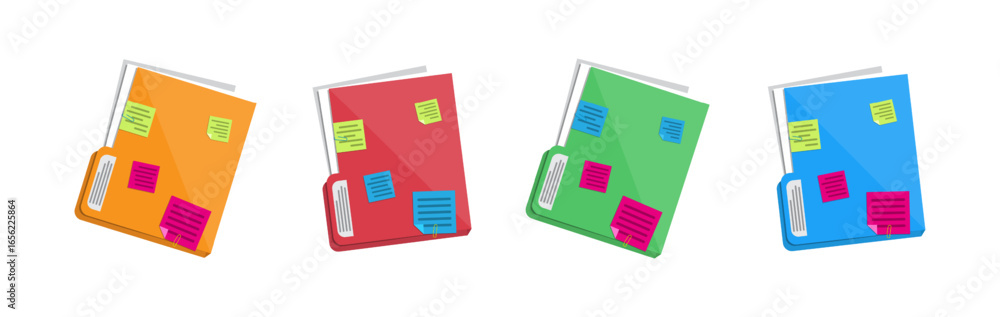 Poster colorful file folder with sticky note and paper clip, a collection for office organization and docum