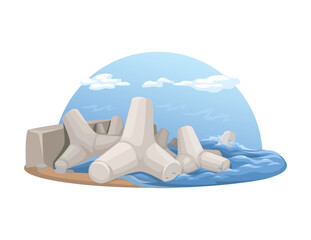 Tetrapod Breakwater on Beach Cartoon Illustration Vector