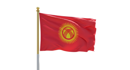 Waving national flag of Kyrgyzstan on flagpole against white background, patriotic symbol perfect for international events