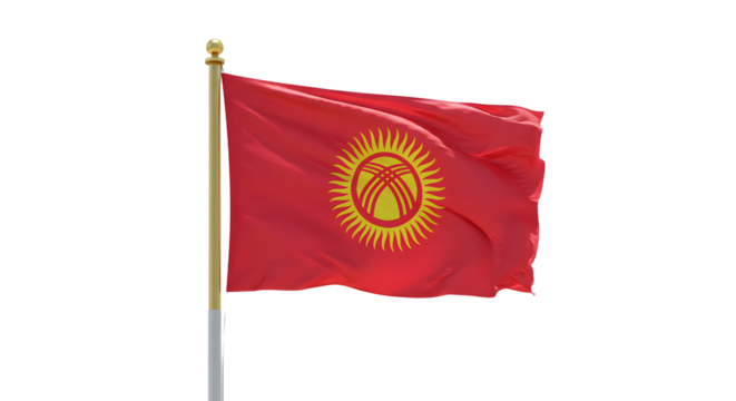 Waving national flag of Kyrgyzstan on flagpole against white background, patriotic symbol perfect for international events