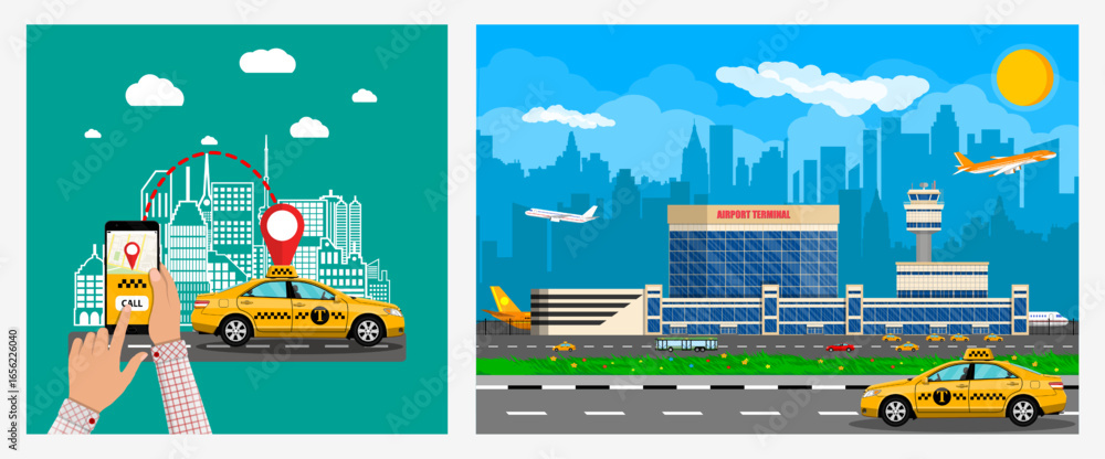 Poster man calling a taxi using mobile app and an airport or air terminal with airplane and bus. city trans