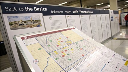 Informative exhibition display featuring maps and text explanations on urban refinement concepts