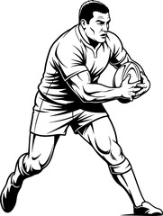 Rugby Player Running with the Ball in Black and White
