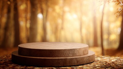 Moss stone podium eco yellow golden shiny magic background. Beauty cosmetics concept. Forest miniature platform showcase. 3d professional photography. Autumn dreamy aesthetic