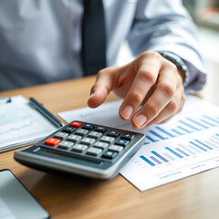 Close up businessman hand using calculator to budgeting and tax calculation monthly expenses. budget management and accounting on table. Business finance accounting banking concept.