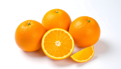 Fresh juicy oranges: three whole and one sliced, vibrant color, healthy and appetizing, studio shot on white background, perfect for food and beverage advertising.