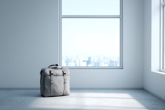 Minimalist room featuring a gray backpack near a large window with a city view, creating a sense of modern simplicity. - Powered by Adobe