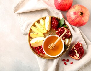 A beautiful arrangement of sliced apples, pomegranate seeds, and honey in a bowl, symbolizing Rosh Hashanah traditions.