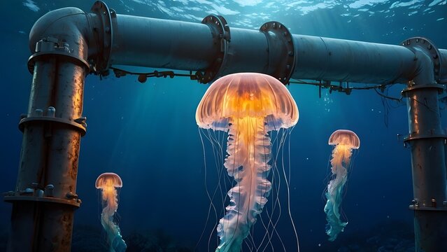 Jellyfish Swimming near Underwater Pipes and Structures. Concept of Ocean Exploration and Technology's Impact on the Environment. - Powered by Adobe
